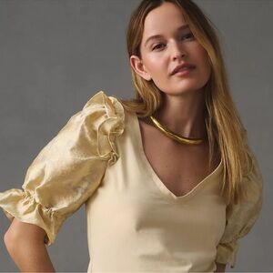 Anthropologie Brocade Statement Jacquard Puff-Sleeve Top size Large